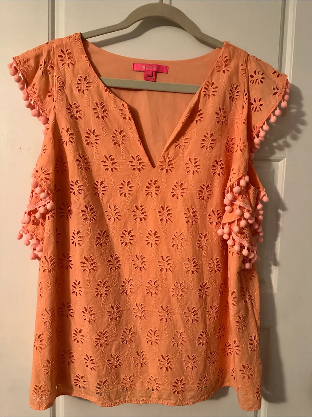 Lilly Pulitzer Peach Eyelet Pom-Pom Sleeve Top